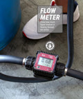 Flow meter on telescopic hose of Badass Electric Drum Pump With Telescopic Suction Hose Built For Lightning Fast Transfer Of Methanol Ethanol AdBlue And Windshield Fluid Straight Up Into Fifty Five Gallon Barrels.