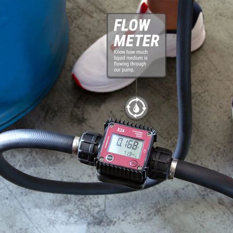 Flow meter on telescopic hose of Badass Electric Drum Pump With Telescopic Suction Hose Built For Lightning Fast Transfer Of Methanol Ethanol AdBlue And Windshield Fluid Straight Up Into Fifty Five Gallon Barrels.