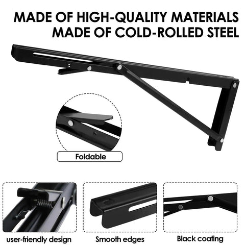 Close-up of black steel Two Pack Folding Shelf Brackets L Shaped Wall Mounted Triangle Angle DIY Heavy Duty Support, foldable design