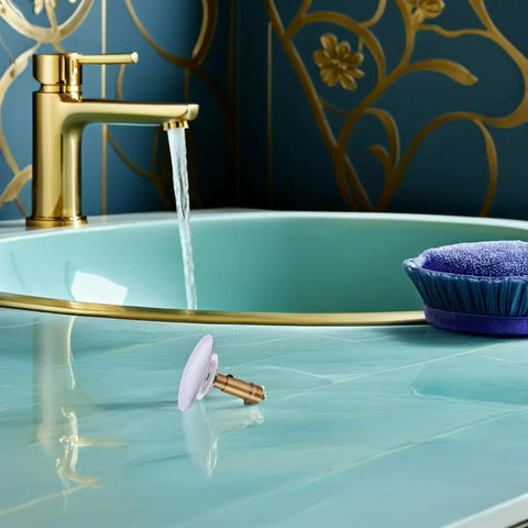 Copper Bathtub Drain Stopper with Bounce Design for Easy Control positioned near a stylish bathtub and faucet.
