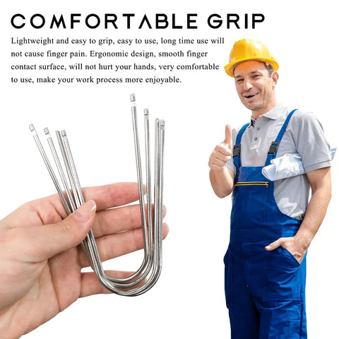 Person holding 2 Pack Car Radio Removal Tools, U Shaped Stainless Steel Pry Tools For Quick Stereo Disassembly with worker background.