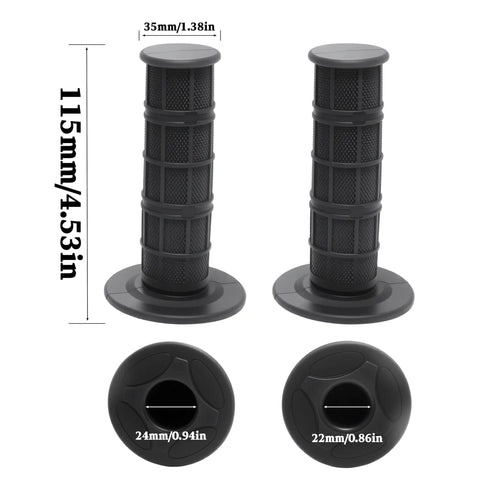 Seven Eighths Inch Quick Twist Throttle Grips, 115mm length, black, with size dimensions shown, for CRF KLX SSR TTR Dirt Pit Bikes.