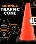 18 Inch Orange Traffic Cones 4 Pack Heavy Duty PVC Safety Cones For Parking Lots Soccer Practice Caution For Kids Construction DOT Approved Durable And Highly Visible on display with regulation labels.
