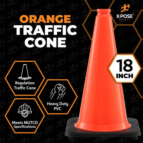 18 Inch Orange Traffic Cones 4 Pack Heavy Duty PVC Safety Cones For Parking Lots Soccer Practice Caution For Kids Construction DOT Approved Durable And Highly Visible on display with regulation labels.
