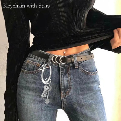 Extra Large Chrome Carabiner Keychain For Keys, Purses, Backpacks And Bags clipped to a jeans belt loop with keys