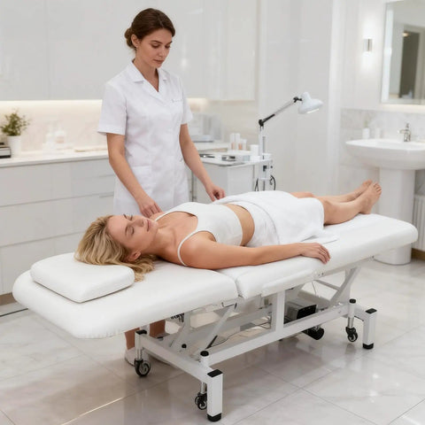 OmySalon Pro Electric Lift Massage Table With Dual Motors For Facial Beauty Salon Spa Therapy in use with client.