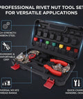 Rivet Nut Tool Set 13 Inch Heavy Duty Carbon Steel Kit open case with U shaped arm, black phosphating finish, and colored handles