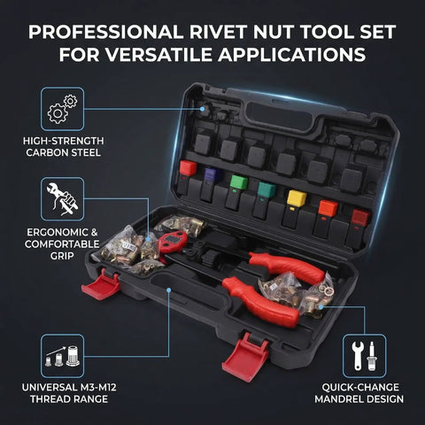 Rivet Nut Tool Set 13 Inch Heavy Duty Carbon Steel Kit open case with U shaped arm, black phosphating finish, and colored handles