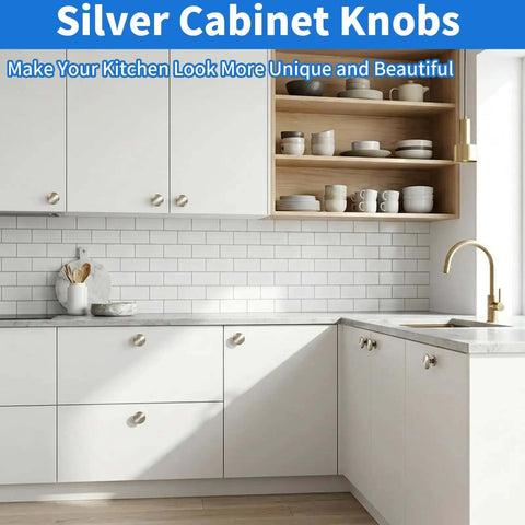 Ten Pack Silver Round Cabinet Knobs One And A Quarter Inch Solid Aluminum Drawer Knobs shown on modern white kitchen cabinets.