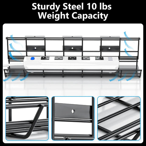 2 Pack Under Desk Cable Management Tray Set showcasing heavy duty metal design with predrilled holes, power strip inside, 10 lb capacity.
