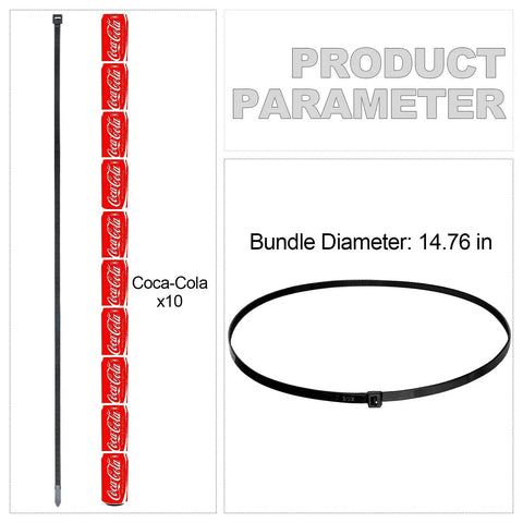 Extra Large Zip Ties Heavy Duty Outdoor Cable Ties 48 Inch Long Thick 0.08 Inch Plastic Ties 200 Lb Capacity 14 Pack, side view and bundle diameter shown.