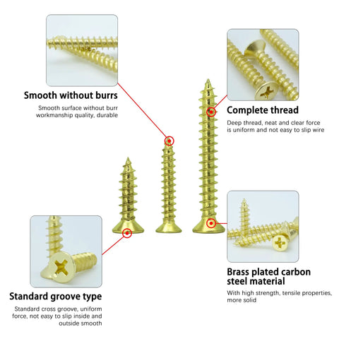 Hella Sturdy Brass Plated Wood Screw Assortment Kit Featuring Phillips Flat Heads And Drywall Compatible Self Tapping Design For Zero Sweat Indoor Outdoor Carpentry Build Out Projects 175 Piece Pack with smooth surfaces and complete threads.