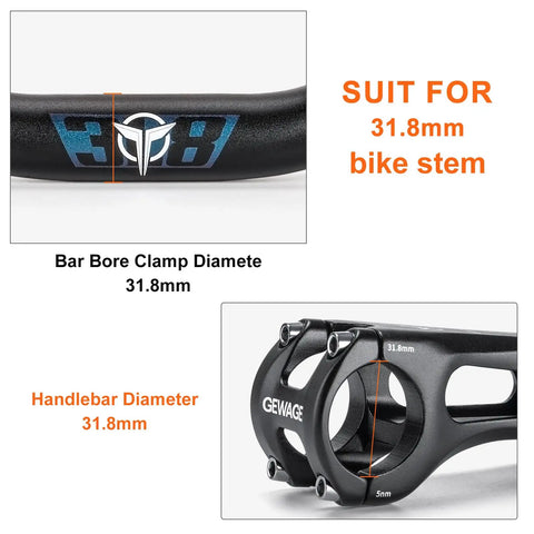Trail Ready 31.8mm MTB Riser Handlebar 780mm Wide Aluminum Alloy Bar showing 31.8mm clamp compatibility with black finish