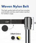 Close-up of Stanchions Set Of 2, 36-Inch High, 6.5-Foot Retractable Belt showing woven nylon belt and color options