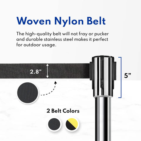 Close-up of Stanchions Set Of 2, 36-Inch High, 6.5-Foot Retractable Belt showing woven nylon belt and color options