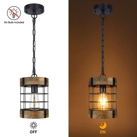 Rustic Pendant Light Fixtures For Farmhouse Kitchen And Entryway, wood hanging lighting with black cage, shown on and off
