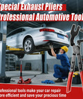 Sporthfish exhaust hanger removal pliers, steel with 25° offset, red non-slip grips, shown beside a car on a lift.