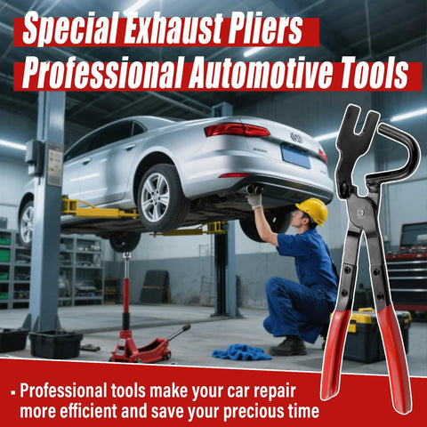 Sporthfish exhaust hanger removal pliers, steel with 25° offset, red non-slip grips, shown beside a car on a lift.