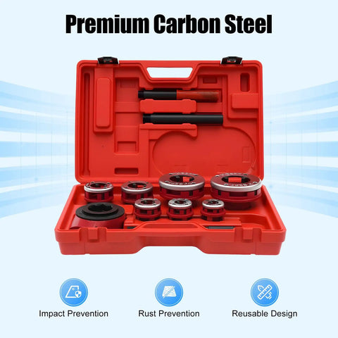 All In One Pipe Threading Kit With Seven Die Heads And Ratchet For PVC Galvanized Iron Plastic And PPR Pipes From Three Eighths Inch To Two Inches In Red Finish shown in open case