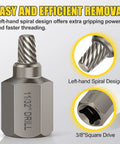 Close-up of 2 In 1 Screw Extractor Set With Three Eighths Inch Drive For Bolt Removal Includes One Eighth And Seven Thirty Second Inch Bits Made From Chrome Molybdenum Steel Hex Head Design Works With Wrench Or Power Tools Two Pack