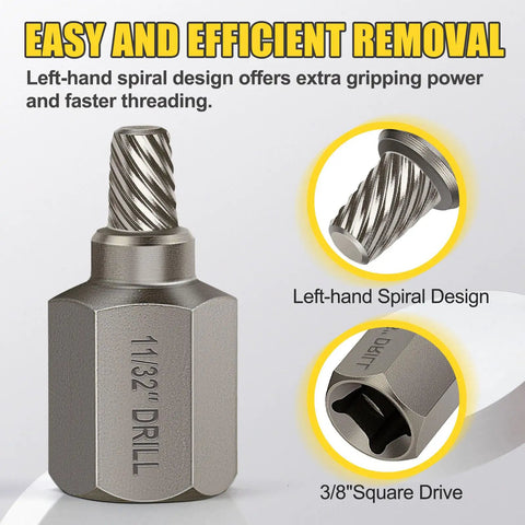 Close-up of 2 In 1 Screw Extractor Set With Three Eighths Inch Drive For Bolt Removal Includes One Eighth And Seven Thirty Second Inch Bits Made From Chrome Molybdenum Steel Hex Head Design Works With Wrench Or Power Tools Two Pack