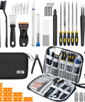 50-piece 3D printer toolkit with black case, includes nozzle cleaners, scraper, files, brushes, pliers, tweezers