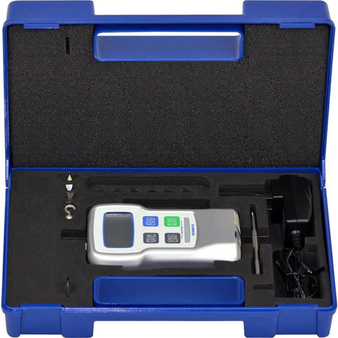 Built Like A Tank Digital Force Gauge For Pull Or Push Tests, 100 Lb Range With 50 Kg And 500 N, 4 Digit LCD Display, 0.2 Percent Accuracy, Peak Hold Mode, Ultra Fast 1000 Hz Updates, CE RoHS Certified. in blue case