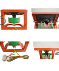 Four angles of ATV Front Mount Broadcast Spreader with 265lb hopper and 12V motor, showing internal frame and wiring.