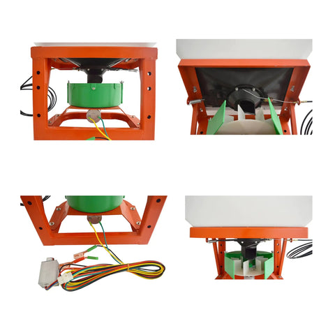 Four angles of ATV Front Mount Broadcast Spreader with 265lb hopper and 12V motor, showing internal frame and wiring.