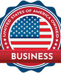 United States of America Owned Business badge with flag and red ribbon
