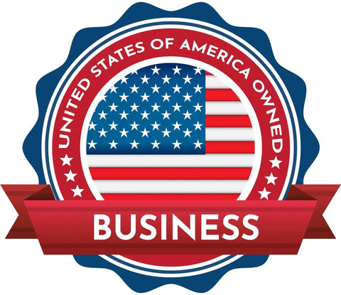 United States of America Owned Business badge with flag and red ribbon