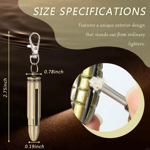 Brass Permanent Match Lighter With Keychain Flint Fire Starter showing size specifications and close-up of flint ignition
