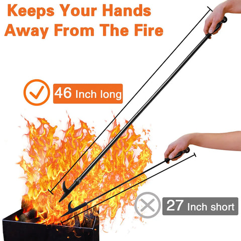 46 Inch Extra Long Fire Pit Poker With Extended Reach For Fireplace Campfire And Wood Stove Use Heavy Duty Wrought Steel Tool Built To Last Rust Resistant Black Finish Ideal For Indoor Or Outdoor Fires in use over flames