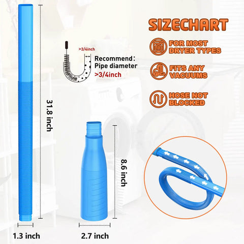 Dryer Vent Cleaning Kit With Vacuum Attachment And Long Reach Hose For Quick Lint Removal, size chart illustration.