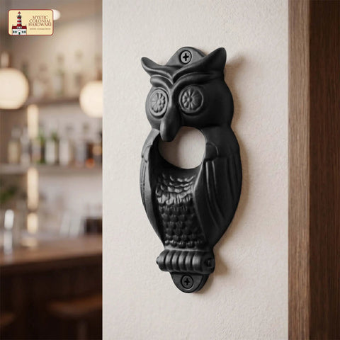 Solid Rockin Cast Iron Wall Mounted Bottle Opener Set Of Two Rustic Owl Design Heavy Duty Beer Cap Grabber With Mounting Screws For Kitchen Bar And Patio Ready Setup, close-up view of black owl opener.