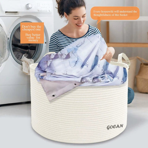 Woman using XXXL Cotton Rope Storage Basket With Handles Extra Large 22x22x14 Inches Woven Laundry Organizer Cream Color