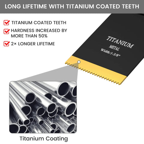 Titanium Coated Oscillating Multitool Blades Kit For Wood Metal Beefy Long Lasting Saw Blades Nail Screw Cutting Pro Grade Multi Tool Blades Set Fits Most Major Brands showing titanium coating detail and enhanced durability features
