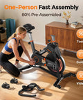 Woman assembling Magnetic Indoor Exercise Bike With Exclusive App in home studio setting