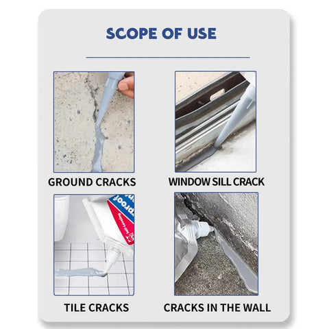 Different applications of Professional Grade Concrete Caulk And Strong Cement Sealant Bonding Adhesive for repairs on ground, window sill, tiles, and walls.