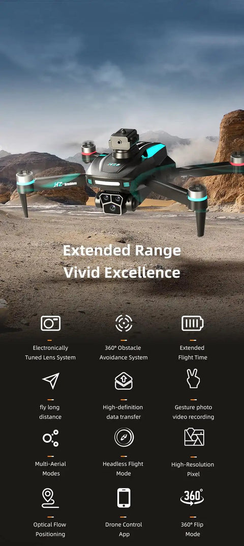 1080P HD Foldable Drone With Gesture Control Remote flying in desert landscape, showing its dual camera and durable build.