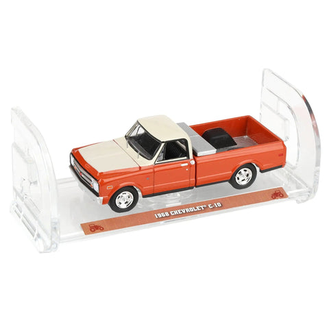 Red 1/64 Scale 1968 Chevrolet C10 Pickup With Toolbox Diecast Truck From Down On The Farm Series 11 in display case.