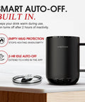 Smart Self Heating Coffee Mug With 14 Oz Size And Intelligent AI Heat Control showing features and auto-off functionality.