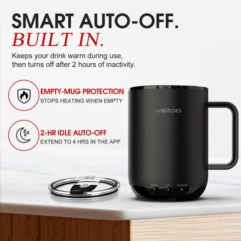 Smart Self Heating Coffee Mug With 14 Oz Size And Intelligent AI Heat Control showing features and auto-off functionality.