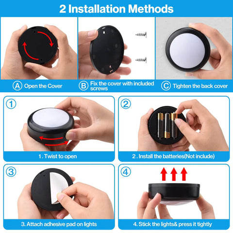 Two installation methods for Four Pack Puck Lights With 13 Color Changeable LEDs, Battery Powered Dimmable Under Cabinet Lights With Remote.