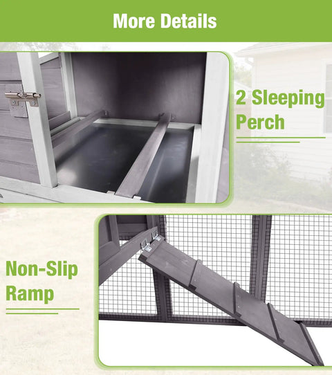 Mobile Chicken Coop With Run For Secure Poultry Housing On Wheels Nesting Box And Slide Out Tray Waterproof Roof Predator Proof Hen House For Backyard Farm Gray showing sleeping perch and non-slip ramp details.