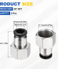 Push to Connect Pneumatic Fittings Set, Nickel Plated Brass Female Adapter, 3/8 NPT, 8mm Tube OD, product size dimensions