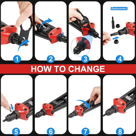 Step-by-step guide for changing mandrels on Rivet Nut Tool Kit With 11 Mandrels And 110 Rivet Nuts Beefy Yet Precise Rivnut Gun Set