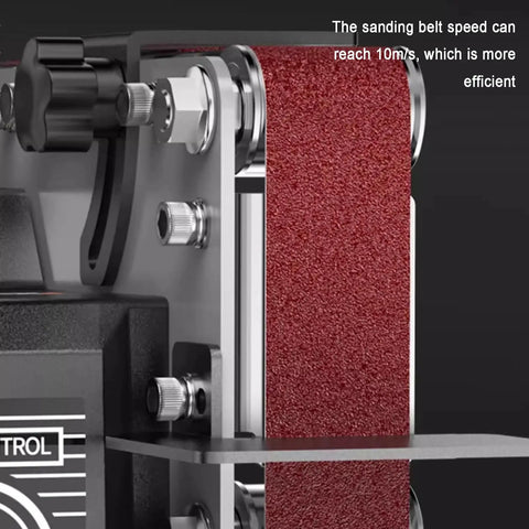 Close-up of the sanding belt on the Tailgate Ready Belt Sander And Bench Grinder Duo, showing stepless speed adjustment.