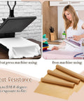 All In One Heat Press Kit With 6 PTFE Sheets 12 By 16 Inches 8 T Shirt Alignment Rulers 3 Heat Resistant Tapes shown in use with heat press and iron
