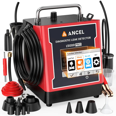L5000 PRO EVAP Smoke Machine for car leak detection, showing built-in pump, LCD screen, and accessory kit for all systems.